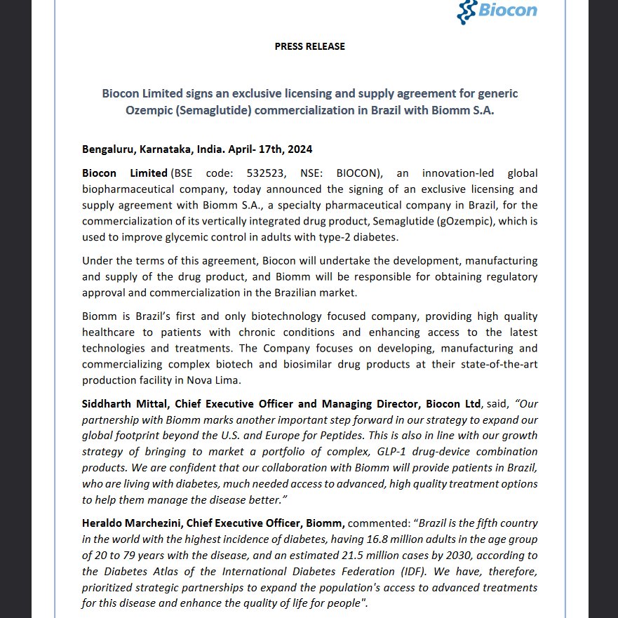 ResultsBse's tweet photo. #BIOCON Limited signs an exclusive licensing and supply agreement for generic #Ozempic (Semaglutide) commercialization in #Brazil with #Biomm S.A.
#BSE #NSE #SENESX #NIFTY #INVESTING https://t.co/Ir9cIbt3Yy