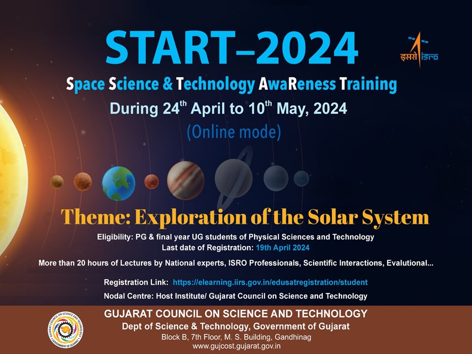 Be part og the #START program of @ISRO with #GUJCOST as nodal centre. Our Regional Science Centres @RscBhuj @RscPatan @RscBhuj @RSCRajkot are ready to welcome one and all for live classes. Be ready to explore the #Space Register now elearning.iirs.gov.in/edusatregistra…