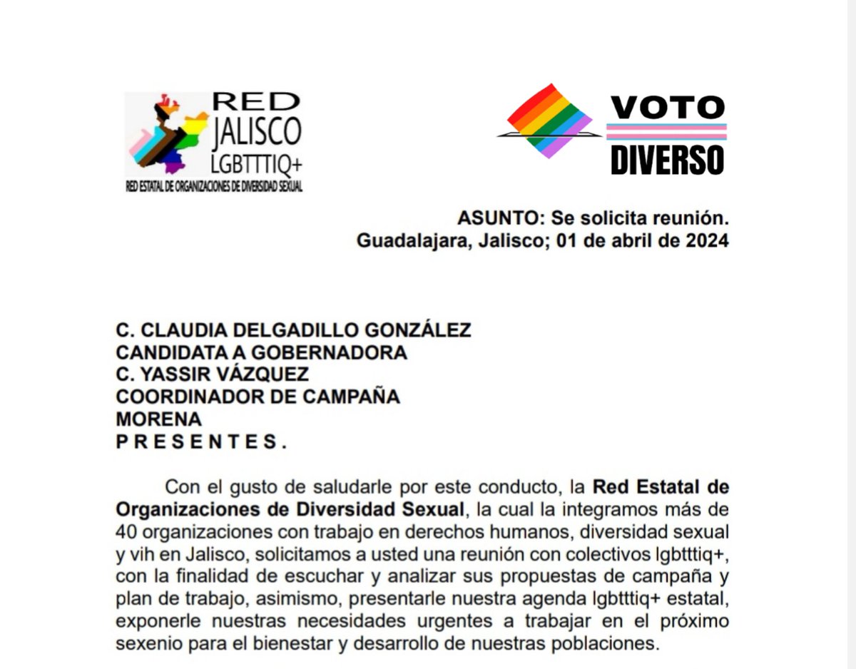 RLgbtttiq's tweet photo. Hemos solicitado reunión de  Candidatxs a la Gubernatura de Jalisco con las organizaciones de DS. Con la finalidad de conocer sus propuestas, presentarles nuestra agenda y la firma de compromisos por el reconocimiento de nuestros derechos.🏳️‍🌈 @LauHaro @ClaudDelgadillo @PabloLemusN https://t.co/FEEFOuBPh6