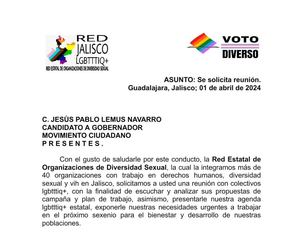 RLgbtttiq's tweet photo. Hemos solicitado reunión de  Candidatxs a la Gubernatura de Jalisco con las organizaciones de DS. Con la finalidad de conocer sus propuestas, presentarles nuestra agenda y la firma de compromisos por el reconocimiento de nuestros derechos.🏳️‍🌈 @LauHaro @ClaudDelgadillo @PabloLemusN https://t.co/FEEFOuBPh6
