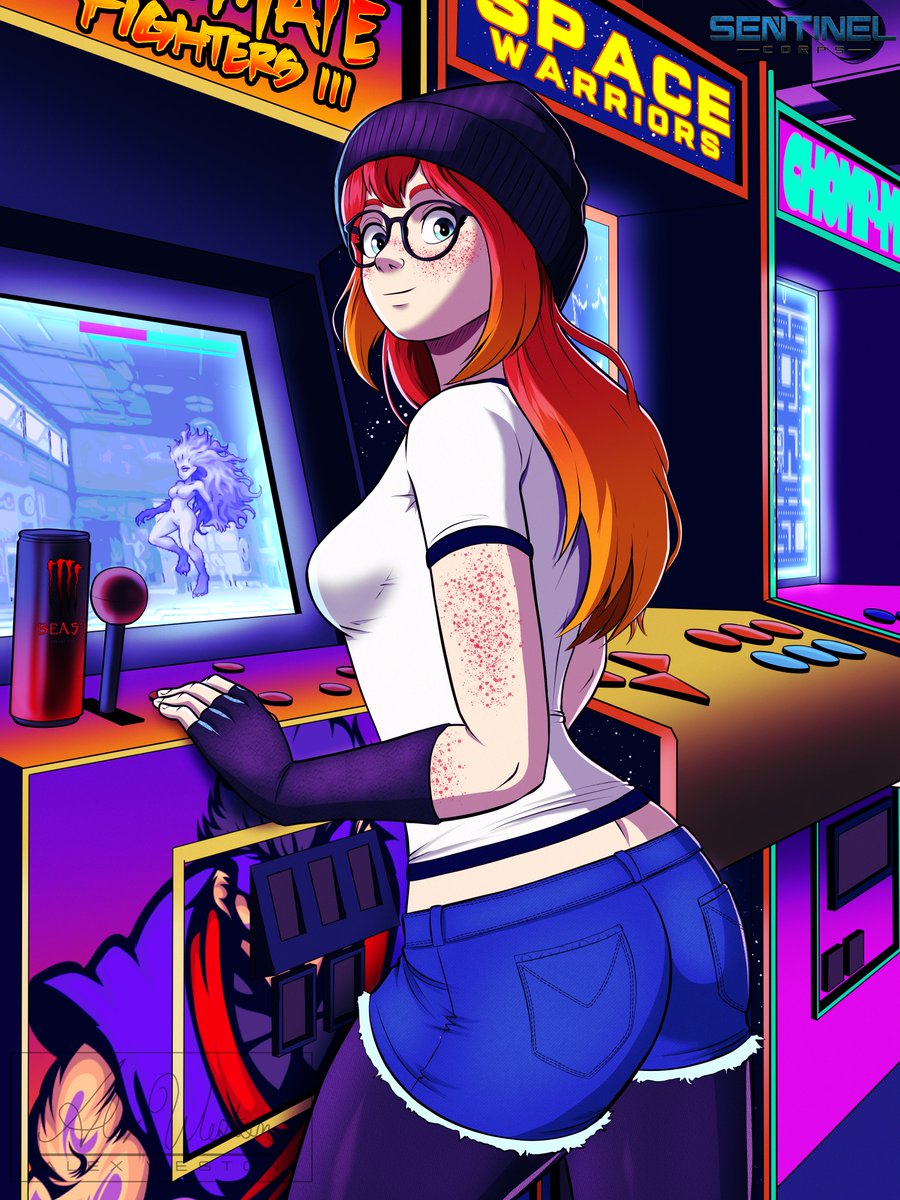 Becky, aka. Atomic Girl, having a good time at the local arcade in Sapphire City. With her initials on top of most of the high score leaderboards, she's earned the nickname 'Red Queen' amongst the other regulars who frequent the arcade. #sentinelcorps #superhero #oc #gamergirl