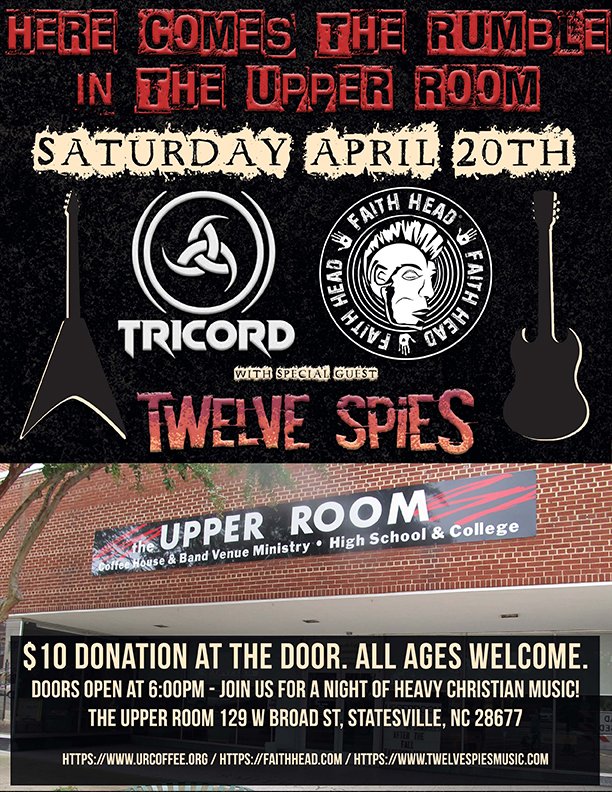 'Get ready for an epic #LivePerformance at The Upper Room in #StatesvilleNC on April 20th! Join us for our first show of 2024 with #Tricord, #TwelveSpies, and #ResurrectionRecords. Come out and experience the magic of #newmusic! 🎶 #ENTERTAINMENT'