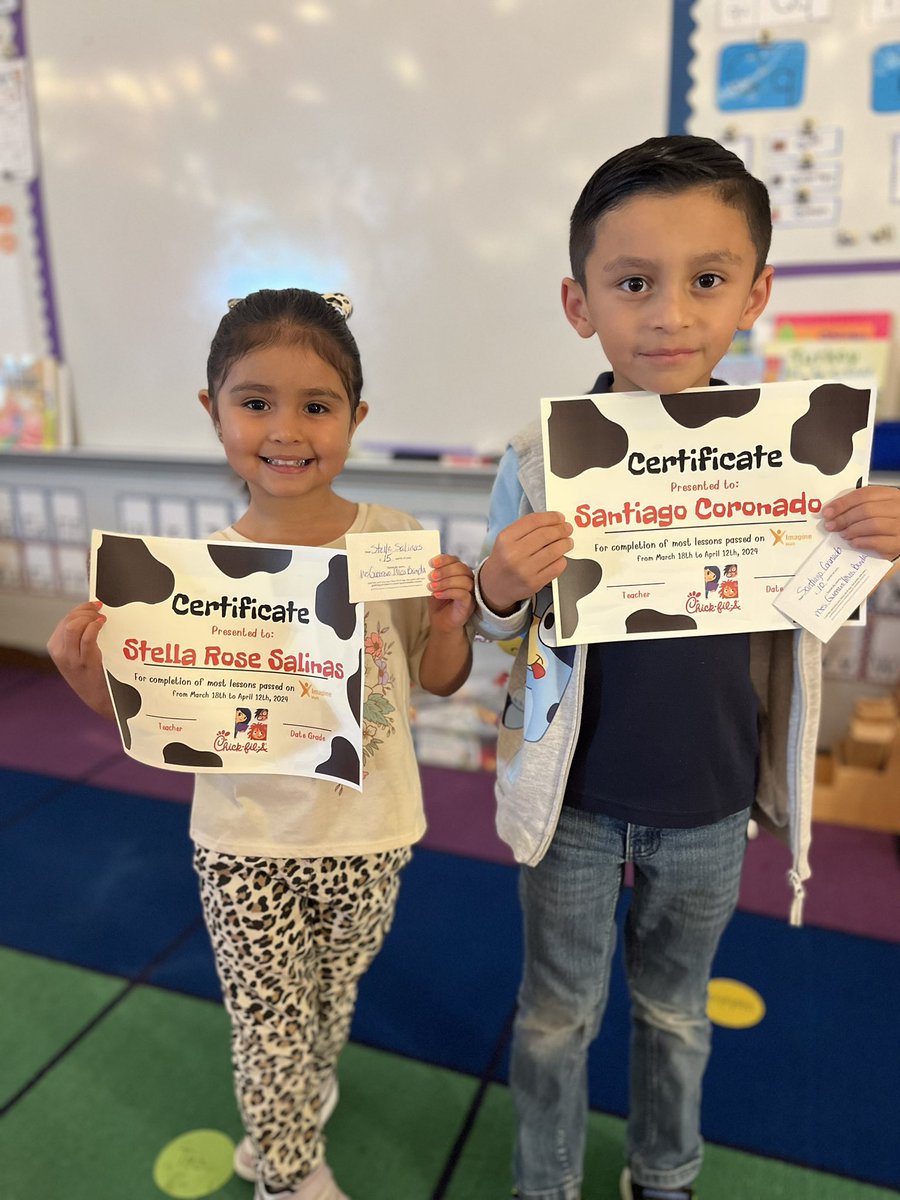 Winners of Imagine Math Contest in Mrs. Guerrero’s Class. Stella Salina’s with 21 Lessons Passed Santiago Coronado with 8 Lessons Passed Between March 18th to April 12th!! Congratulations!