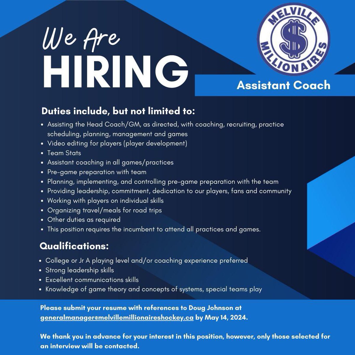 MLVMillionaires's tweet photo. The Melville Millionaires Jr. A Hockey Club (SJHL) are accepting applications for an Assistant Coach. This is a full time, seasonal coaching position for the upcoming 2024-25 hockey season!

@theSJHL https://t.co/jk7IlrWBfV