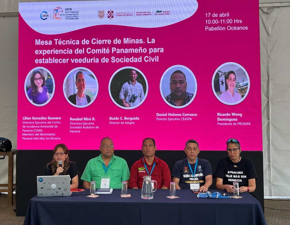 ciampanama's tweet photo. Una delegación del Comité Panameño de UICN en el Foro Regional de la Conservación de UICN que se desarrolla esta semana en México DF, expuso el caso panameño en la lucha contra la minería. 

En la sesión se abarcaron aspectos como: 
(1) las razones de la lucha antiminera y los impactos de la minería en el Corredor Biológico Mesoamericano del Caribe panameño, 
(2) los factores que influyeron en la masificación de un movimiento nacional, y (3) la situación actual después del Fallo y las metas propuestas desde la iniciativa Mesa técnica del Comité Panameño de UICN sobre cierre de minas.

También se conversó sobre las potenciales oportunidades que se abren en el país para la generación de nuevo conocimiento, la construcción de modelos de restauración y recuperación, y la generación de alternativas económicas sostenibles.

La plenaria permitió un intercambio para proponer acciones de colaboración entre las organizaciones de la región, el apoyo a los defensores ambientales y la participación ciudadana frente al extractivismo minero en la región.
@ciampanama
@adoptabosque @audubonpanama @fundacionpromar @ANCONOrg