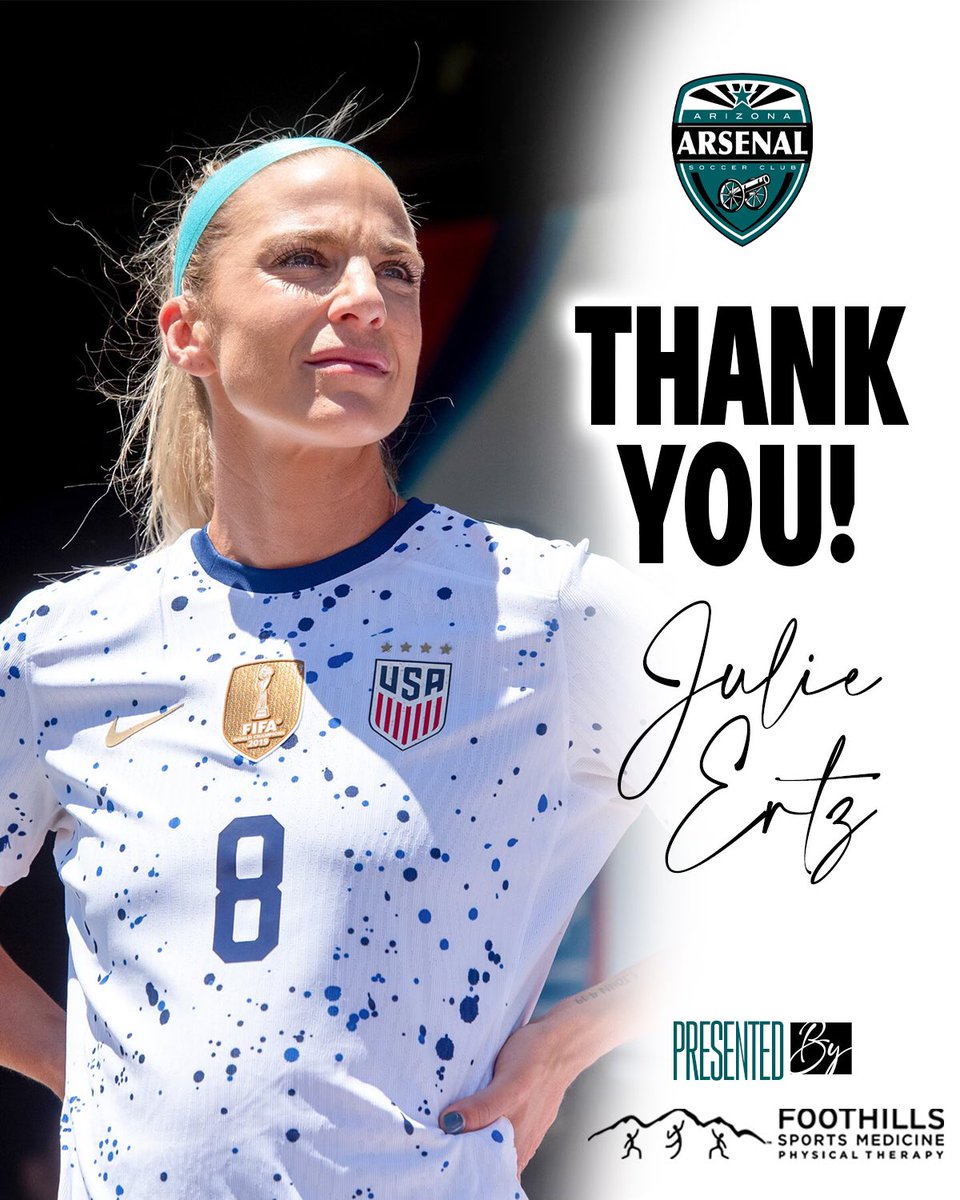 AZArsenalSC's tweet photo. Thank you @julieertz for coming out to AZ Athletic Grounds and sharing your story with our players 🗣️⚽️ 

A @USWNT World Cup winner 🏆 and a true legend in our sport ‼️

@SCUWomensSoccer @ECNLgirls @girlssoccernet @ImCollegeSoccer 

#bleedTEAL https://t.co/3Js1tE8124