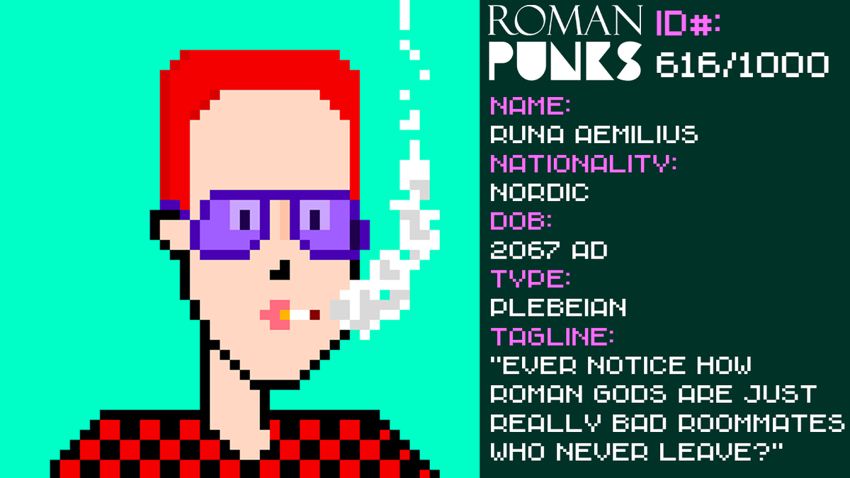 🏛️🐺🦅🌈

RomanPunk#616 - Runa Aemilius

Born 2067 AD in Scandia, when Runa is not working at a lumber mill crafting Doric columns out of fir, ze performs stand-up comedy mocking gods and emperors; however, one scathing joke about Nero got zir exiled to the asteroid 4660 Nereus…