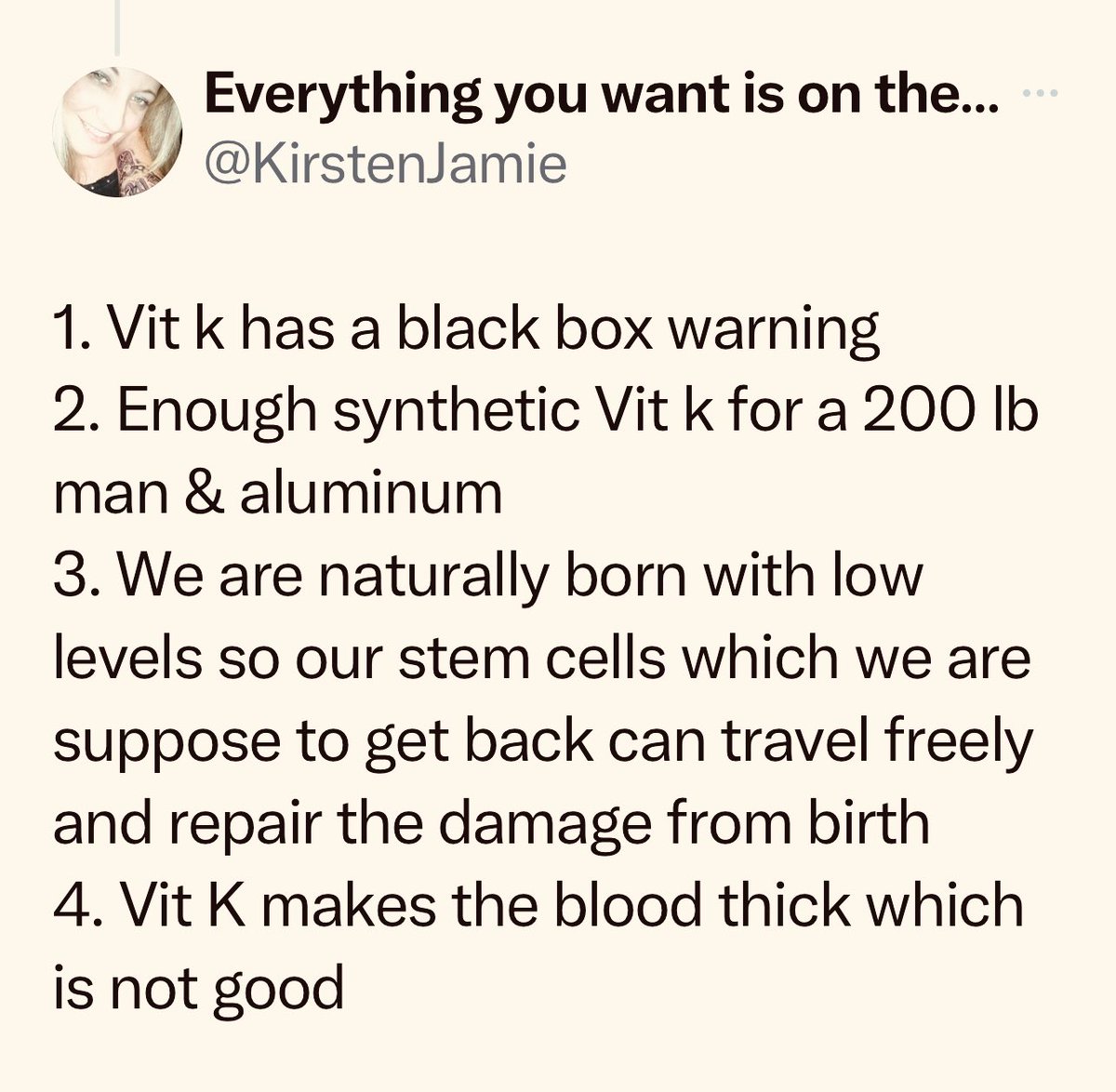 The vitamin K shot has alcohol in it which will contribute to jaundice and has aluminum in it which will cause neurological damage. It’s unnecessary. In fact, it inhibits stem cell repair after birth. Just another diabolical intervention to destroy humanity, starting at birth.
