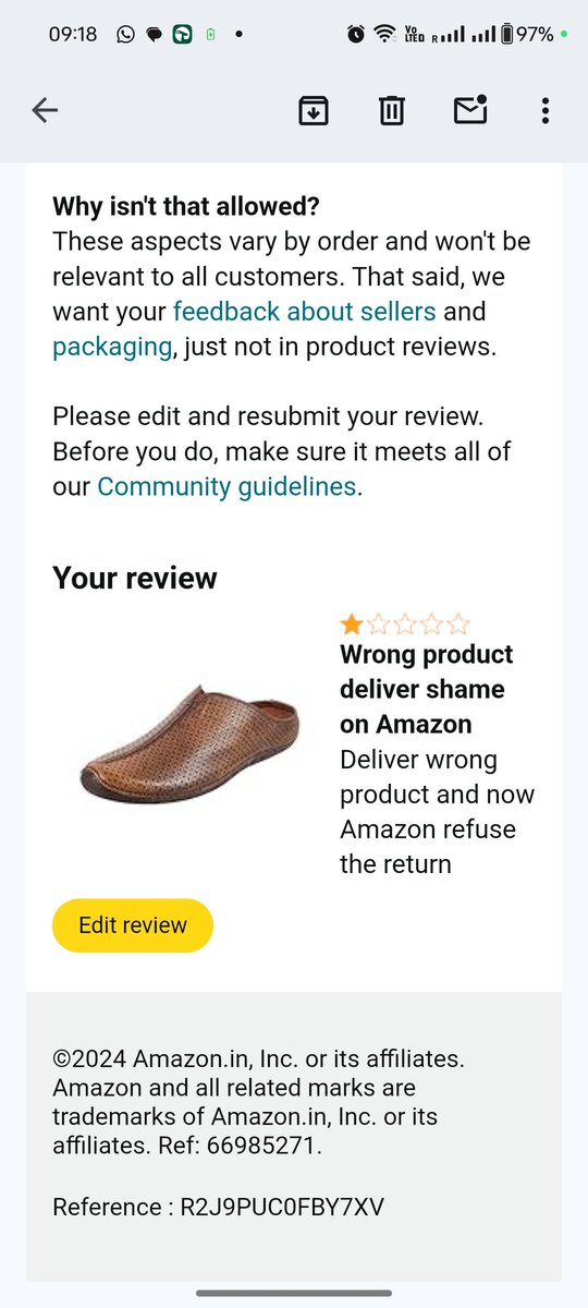 SachinG59417090's tweet photo. Wrong item sent by Ordered Mochi shoes (₹2992) but Amazon wants to delete my review  Pathetic!  @consaff @amazonIN @jagograhakjago @JeffBezos @AmitAgarwal @TheLallantop @MochiShoesIN https://t.co/MEZemXLoX9