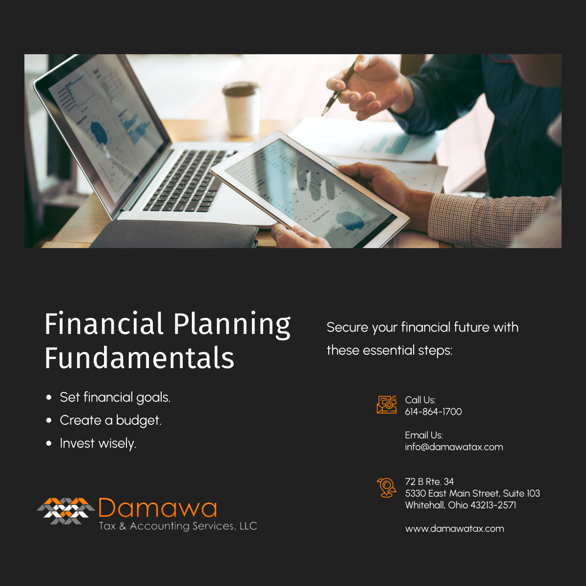 Secure your financial future with these fundamental steps. Set goals and budget, and invest wisely for long-term success. Contact us for personalized guidance. 

#WhitehallCityOhio #TaxServices #FinancialPlanning