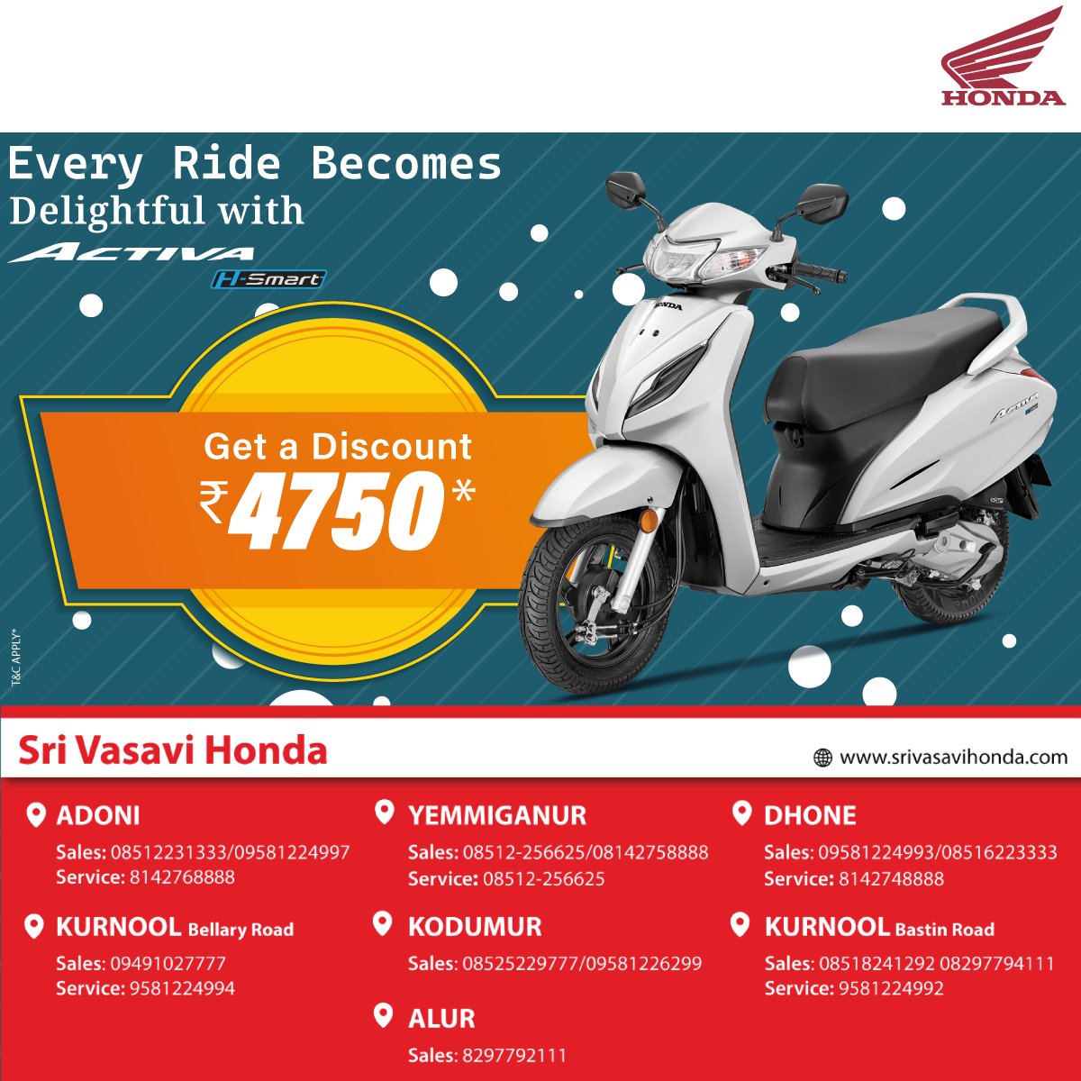 Every Ride becomes delightful with #HondaActiva H-Smart Get a discount of ₹4750/-*. Upgrade your ride with reliability and style. Don't miss out! 🏍️💨 #HondaMotorcycles #UpgradeNow
T&C Apply*
Book Now!
To know more, please visit: srivasavihonda.com
📲09491027777