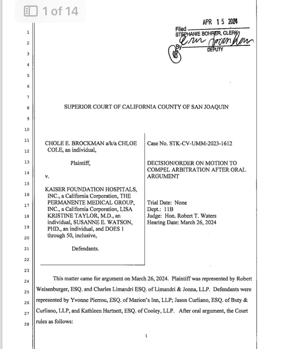 NEWS: Detransitioner Chloe Cole’s medical-malpractice case against Kaiser Permanente, a California judge ruled today, cannot be compelled to go into arbitration. The case moves to the discovery phase. @ChoooCole