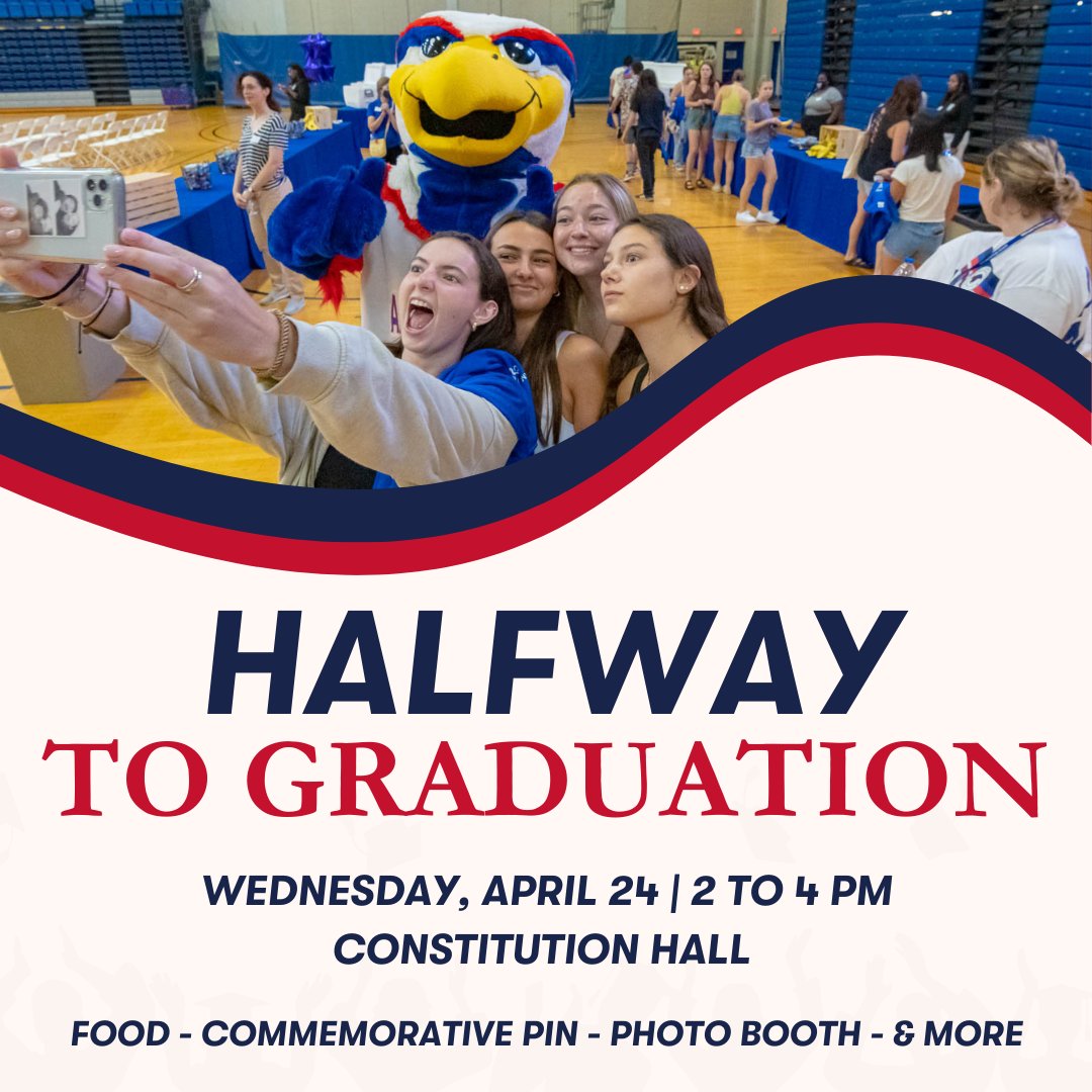 An @AmericanU #event conceived for the Class of 2026, taking place at Constitution Hall on Wednesday, April 24, from 2:00 to 4:00pm - 'Halfway to Graduation' - a celebration for second-year #students! RSVP at bit.ly/halfwaytograd. #graduation #AUGrad2026 #commencement