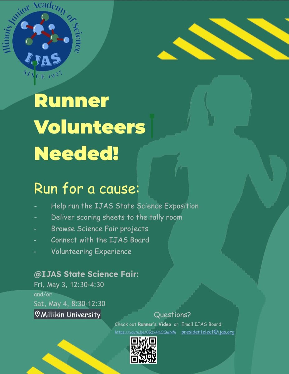 Are you traveling to the <a href="/IJASorg/">Illinois Junior Academy of Science</a> #IJAS2024StateExposition with a student who is presenting? Are you in #middle or #highschool? Earn volunteer hours &amp; become a runner for the event. Apply here forms.gle/74ojoB2briFzKL… #IJAS2024StateScienceExposition #Runner #VolunteerOpportunity