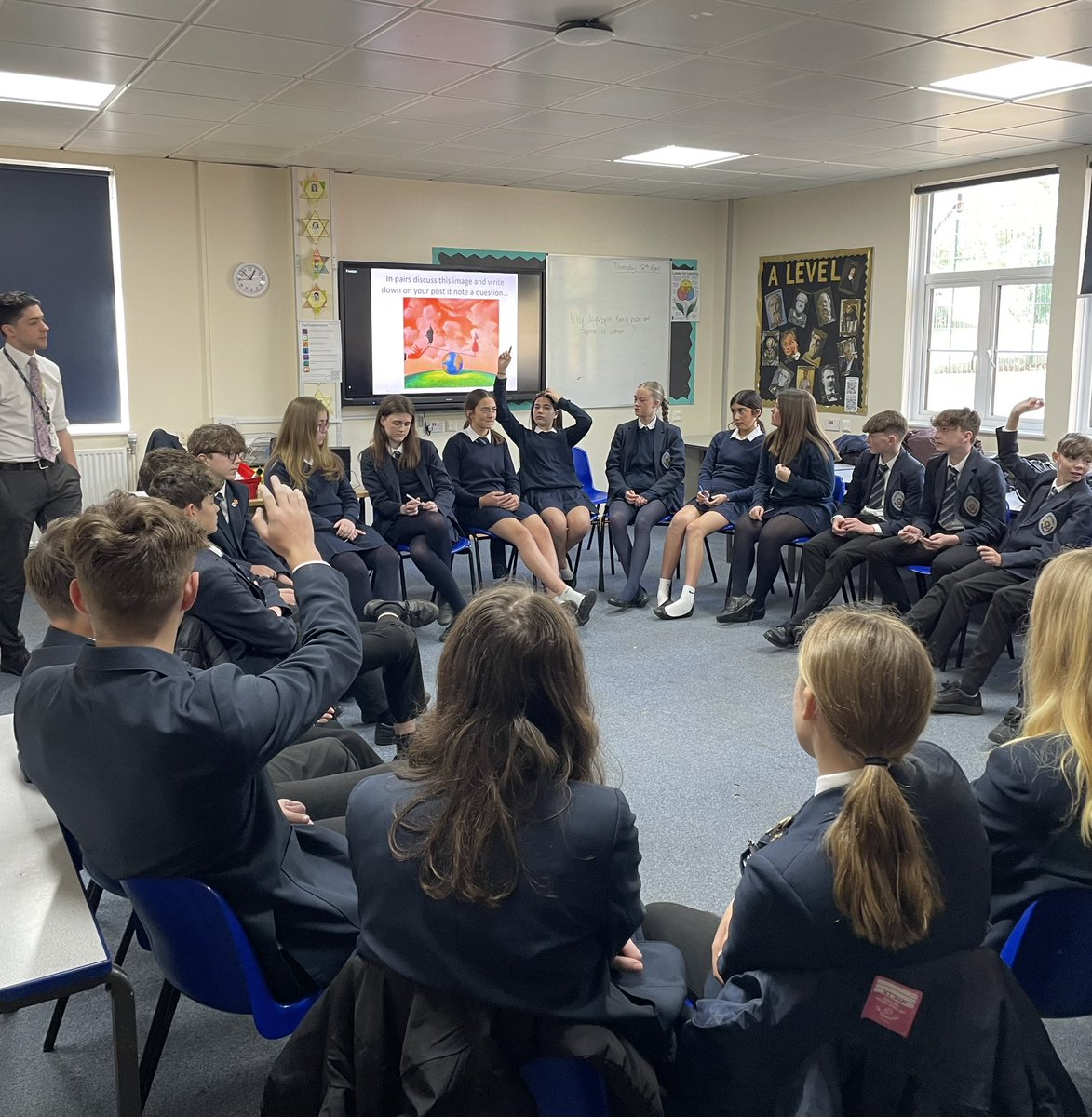 A lively student-led debate happening in Year 9 Religious Studies class about gender differences and equality. <a href="/SJL_RE/">SJL RE Department</a>