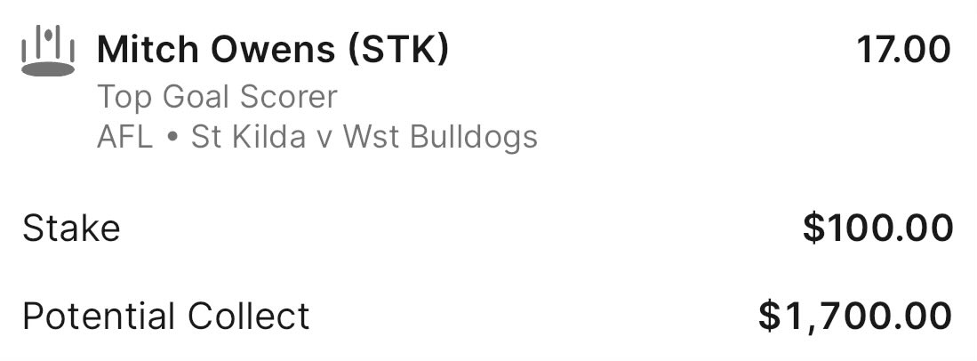 Happy to throw $100 to have an interest in tonight’s game , I think the Saints can win and $17 is value with TAB as he is $10 with Sportsbet