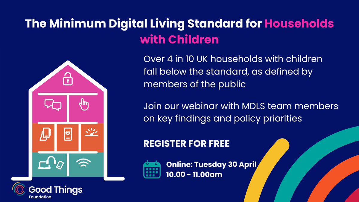 On Tuesday, April 30, from 10-11am, @GoodThingsFdn is hosting a webinar on the Minimum Digital Living Standards for Households with Children. Register for free here: tinyurl.com/4pwtz8y6. #digitalinclusion #digitalskills #bridgethedivide