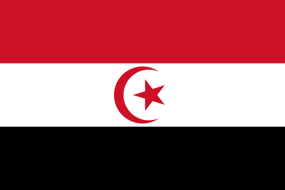 Proposed flag of the Arab Islamic Republic, agreed upon between Muammar Gaddafi of Libya and Habib Bourguiba of Tunisia in the Djerba Declaration of January 1974, but backed out of it. 

Libya has plenty of natural resources, but lacks population; Tunisia has more people + farms.