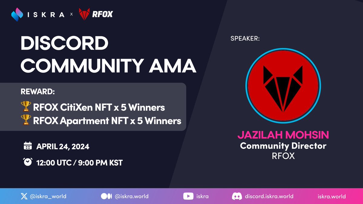 Get ready to jump into the metaverse 🌐 with our friends from @RFOX_VALT in our Discord Community AMA! 🎙️🔥 🗓️ April 24th (Wednesday) ⏰ 9:00 PM KST 🔗 Join here 👉🏻 discord.gg/DpT8fTknnc Create an RFOX ID to join the AMA and get a chance to win an #RFOX CitiXen or Apartment…