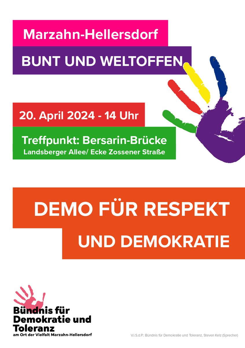 Am Samstag findet in #Marzahn-#Hellersdorf eine breit unterstützte Demonstration vom @buendnismh für einen weltoffenen Bezirk statt. Hintergrund sind auch vermehrte rechtsextreme Aktivitäten dort. Siehe Artikel auf unserer Website: berlin-gegen-nazis.de/demonstration-… #b2004 #wirsindviele