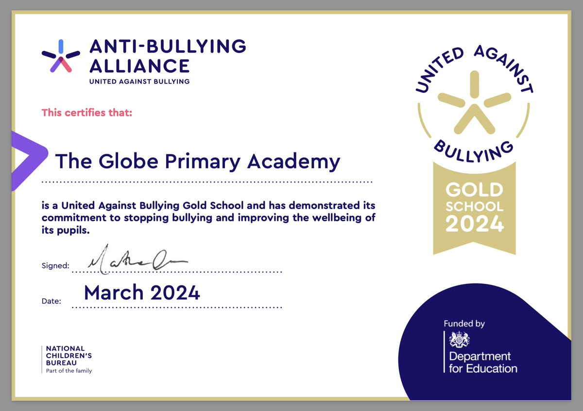 Congratulations to the team at @TheGlobePrimary on their recent United Against Bullying Gold Award in partnership with the National Children's Bureau!