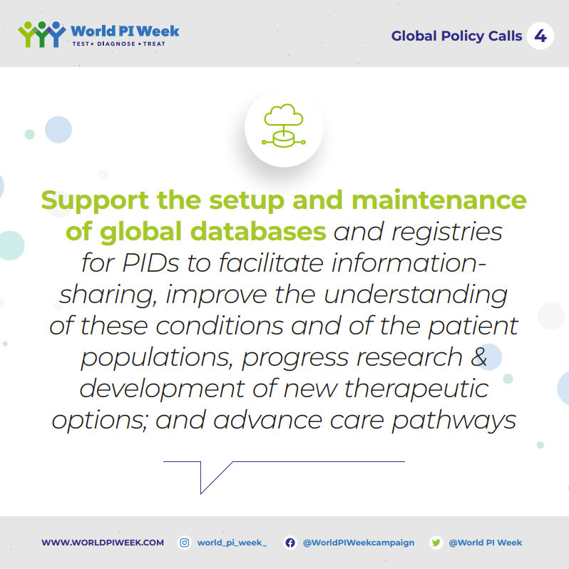 🌍#WorldPIWeek's Global Policy Calls: Collaboration drives progress in #PrimaryImmunodeficiency diagnosis, treatment & care. Let's advocate for the establishment & upkeep of global databases and registries. Access to care for all PID patients, everywhere.