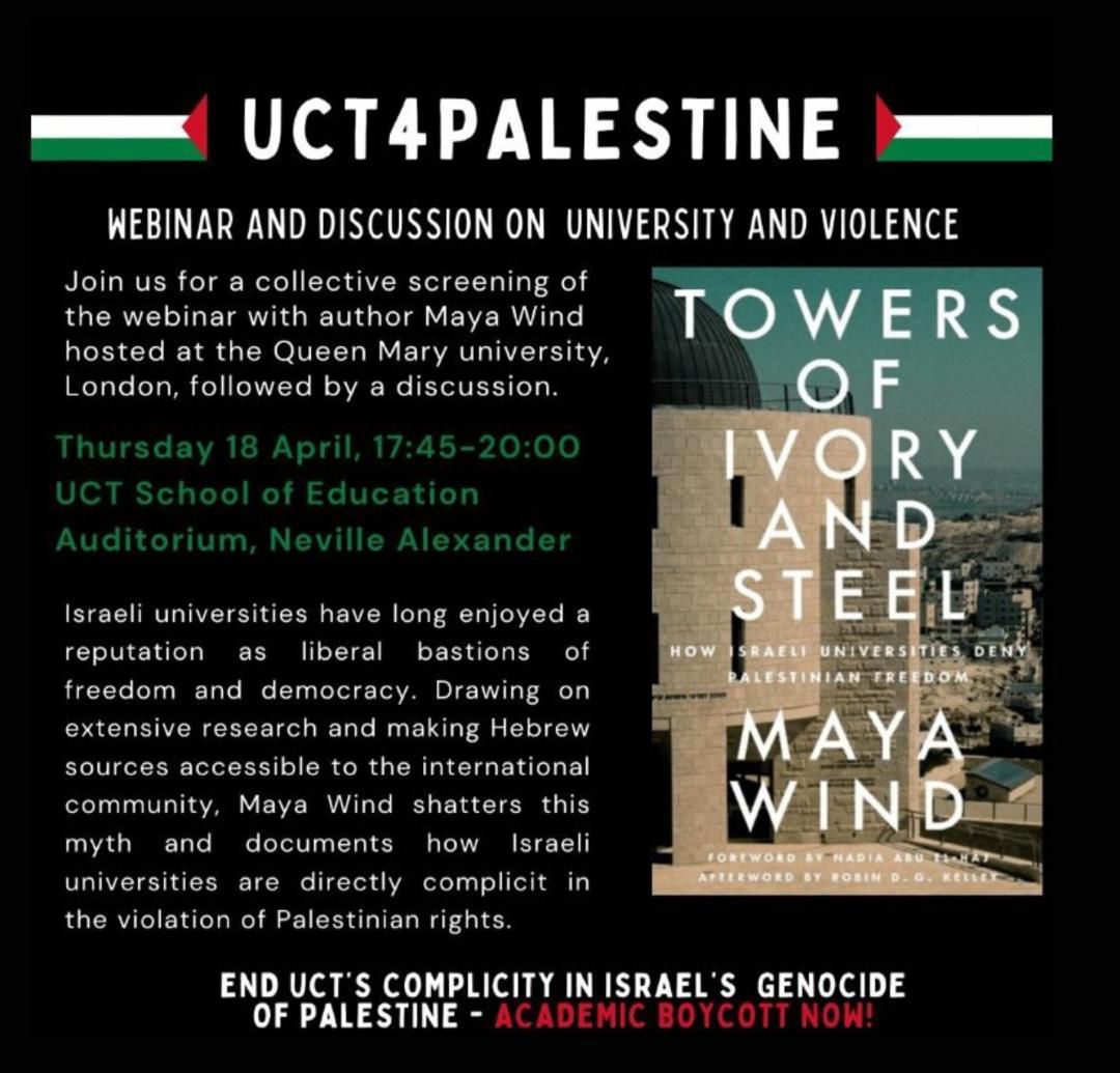 qmul-ac-uk.zoom.us/webinar/regist… url.za.m.mimecastprotect.com/s/yW_fCWnKDqi5… - Discussion on Maya Wind's book on Thu 18th April 2024 5:00PM London time. 6pm SAST @UCT_news #BoycottIsrael. No academic freedom in Israel! Academic genocide in Gaza, all universities destroyed! For what? #FreePalestine