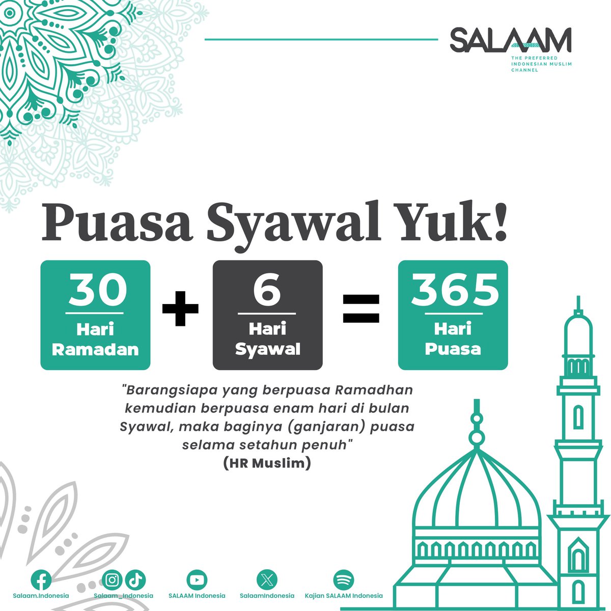 SalaamIndonesia's tweet photo. Puasa Syawal dapat dijadikan sebagai salah satu bentuk usaha untuk melestarikan ibadah yang kita lakukan di bulan Ramadan. Meski Ramadan telas usai, namun spirit ibadah tetap harus kita jaga, agar tidak sekadar menjadi ritual musiman. https://t.co/54391UnrjK