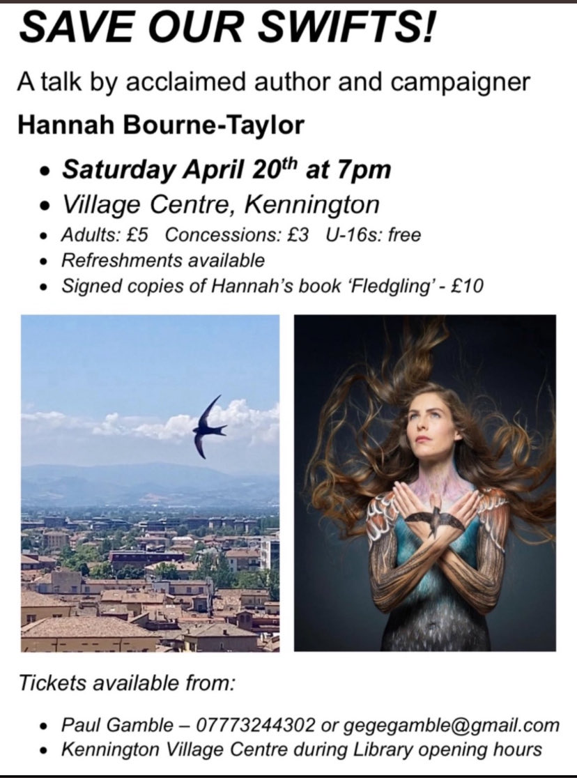 Looking forward to speaking at Kennington, Oxfordshire this Saturday  20th April about….. SWIFTS and the swift and finch from my nature #book #Fledgling      🪶Would be great to see you 🪶