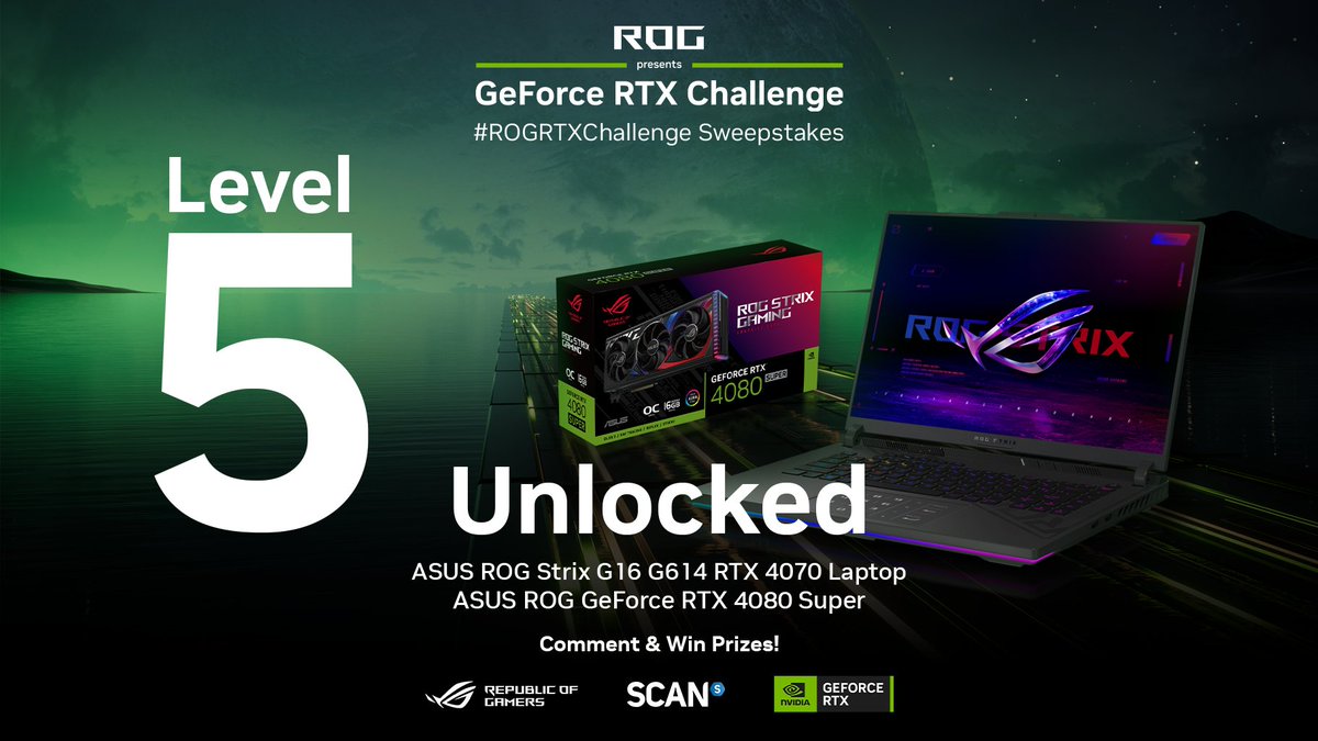 MAXIMUM HYPE REACHED! 📈 Level 5 Unlocked: A ROG RTX 4080 Super AND A G16 G614JIR RTX 4070 Laptop have been added to the prize pool! Reply with #ROGRTXChallenge to be in with a chance of winning!