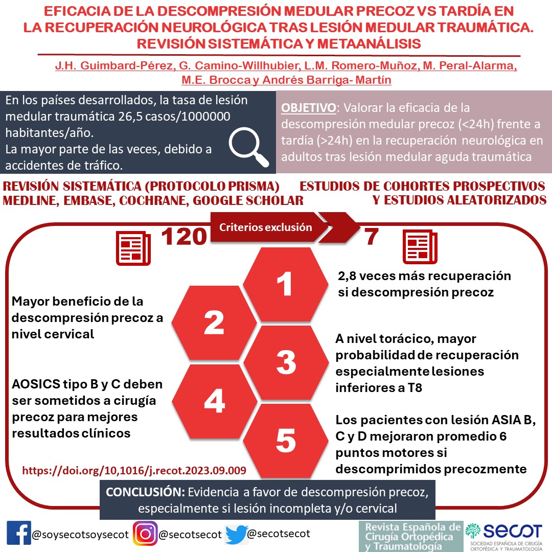 secotsecot's tweet photo. 📑Destacado #RECOT
"Eficacia de la descompresión medular precoz versus tardía en la recuperación neurológica tras lesión medular traumática. Revisión sistemática y metaanálisis"
👉🏻https://t.co/ubv0AIhUrA
@GuimbardH
G. Camino
L.M. Romero
M. Peral
M.E. Brocca
A. Barriga https://t.co/hlT7yrsWRL