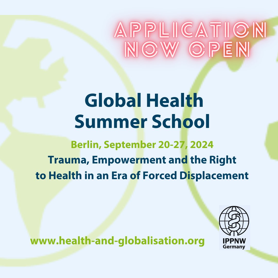 Apply Now! #GlobalHealth Summer School #Berlin, Sept 20-27 🌍🌎🌏 "Trauma, Empowerment &amp; the Right to Health in an Era of Forced Displacement": How can human rights based &amp; decolonial approaches to trauma change the way we think about violence &amp; health? ➡️health-and-globalisation.org/summer-school