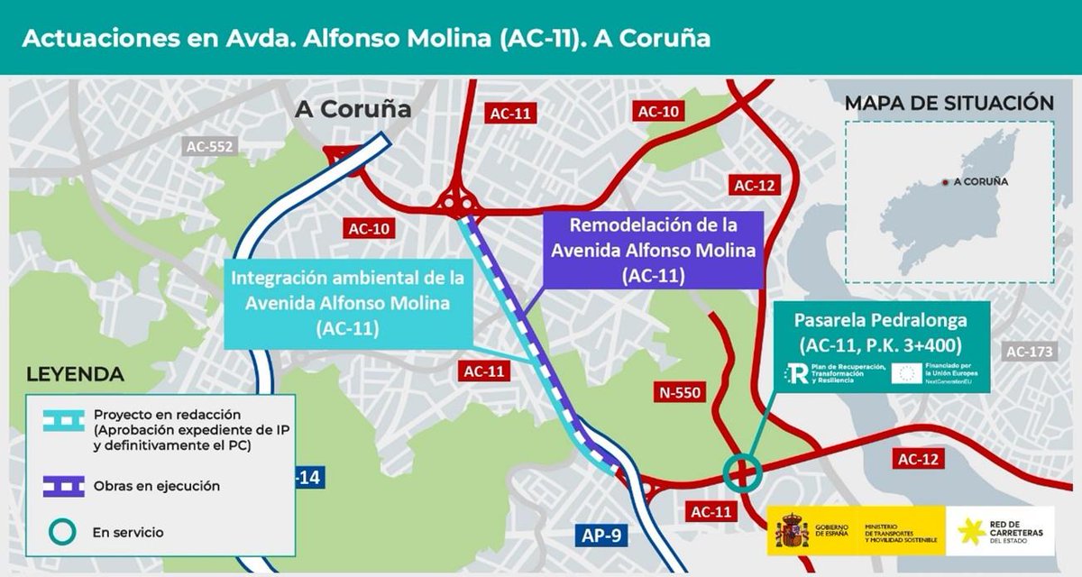 transportesgob's tweet photo. ✅ Aprobamos definitivamente el proyecto para construir sendas para bicis 🚴 y peatones 🚶en la Avenida Alfonso Molina, en A Coruña.
Invertimos casi 6 M€ para actuar en 1,4 km.
🍃 Incluye plantaciones y pantallas vegetales, una pasarela...
Más info 🗞️https://t.co/8yIbcKUJ9K https://t.co/KXEXlNLjVI