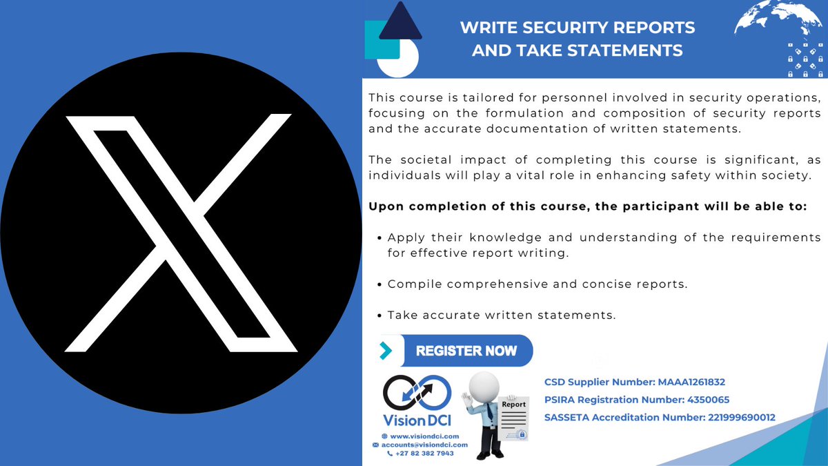 🖥️💻

More Information: accounts@visiondci.com

#reports #writing #statements #law #VisionDCI #SecurityManagers #SouthAfrica #government #managers #education #security #intelligence #elearning #onlinelearning #training #courses #services #skillsprogrammes #SASSETA #PSIRA