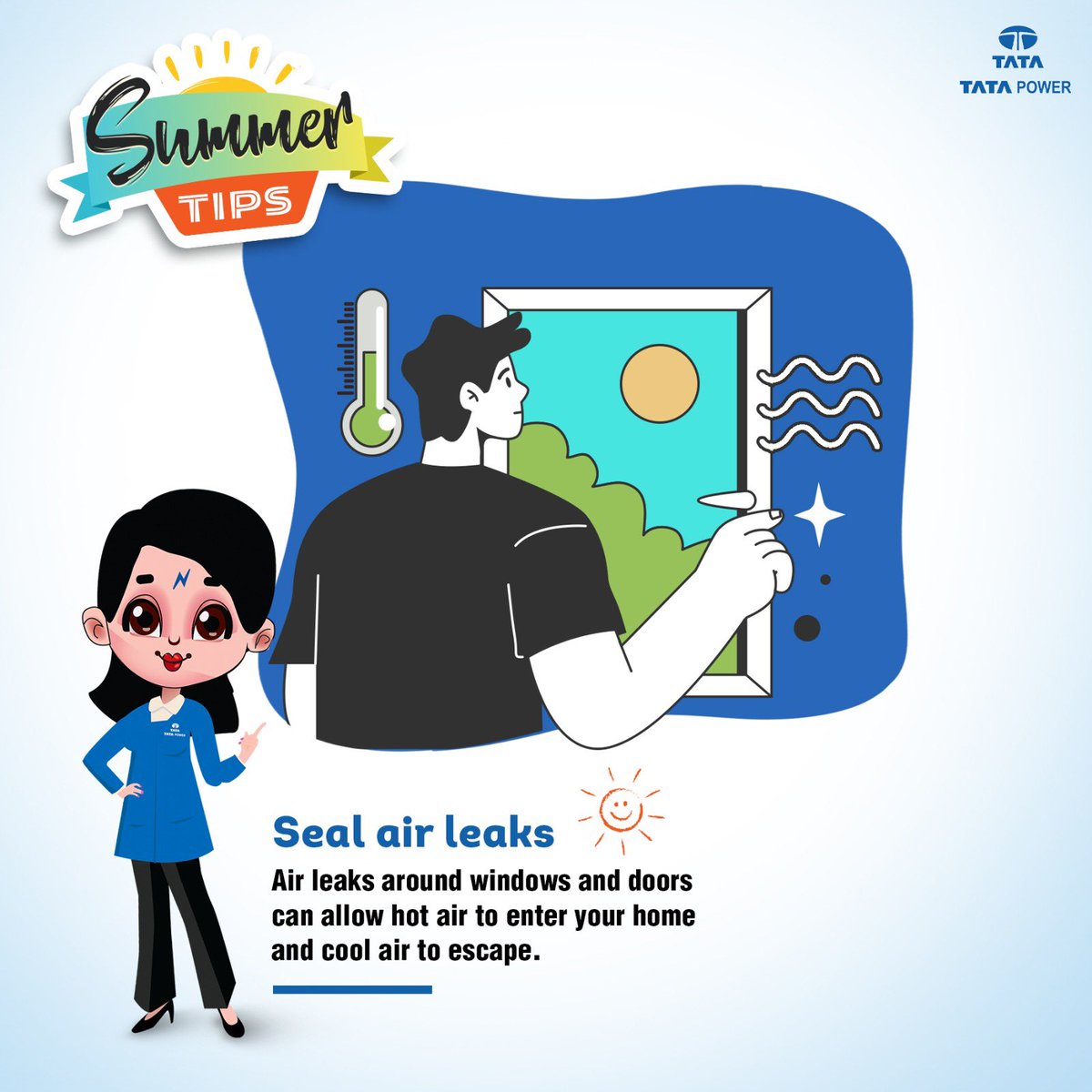 TataPower's tweet photo. Feeling the summer heat creep in? Don't let cool air escape through hidden cracks! Sealing air leaks is a simple DIY project that can make a big difference in your energy bill. Plus, a cooler home means a happier you. 

#BeatTheHeat #DIYEnergySaving #SummerHacks #EcoFriendlyLiving