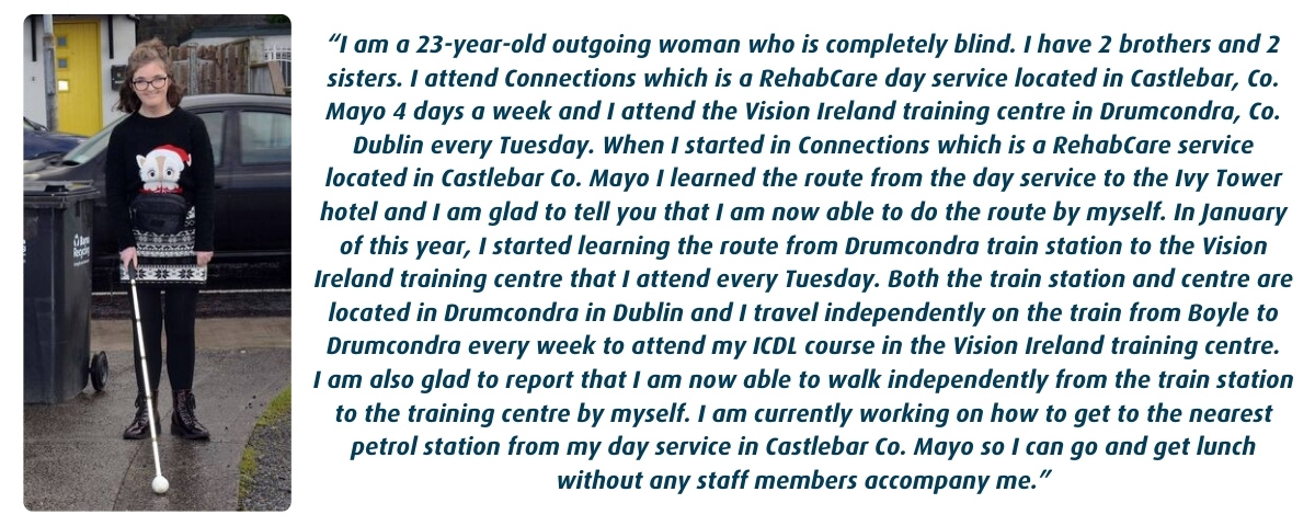 Roisin Lenehan tells her story of independent walking and independent travel.
#ThriveAchieveShine #Castlebar #Mayo #Goals #Support @Vision_Irl #Independence