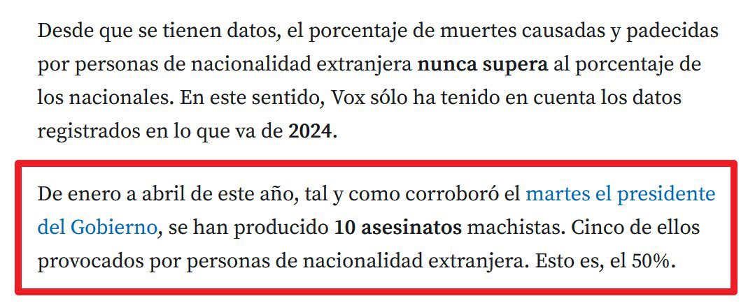 La propia noticia le da la razón a VOX. Ya ni siquiera se esfuerzan en mentir bien a los españoles. Y, por ajustar más el dato, el 52% de los presos por asesinar a su mujer son extranjeros siendo estos el 16% de la población de Cataluña.