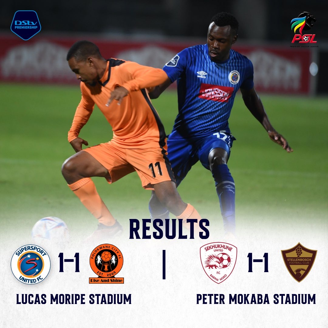 #PolokwaneCity and #SekhukhuneUnited settle for a draw in the DStv Premiership action, while #SuperSportUnited and #StellenboschFC also share points. Exciting matches with standout performances! ⚽️

#Playcoza #DSTVPrem #PSL
