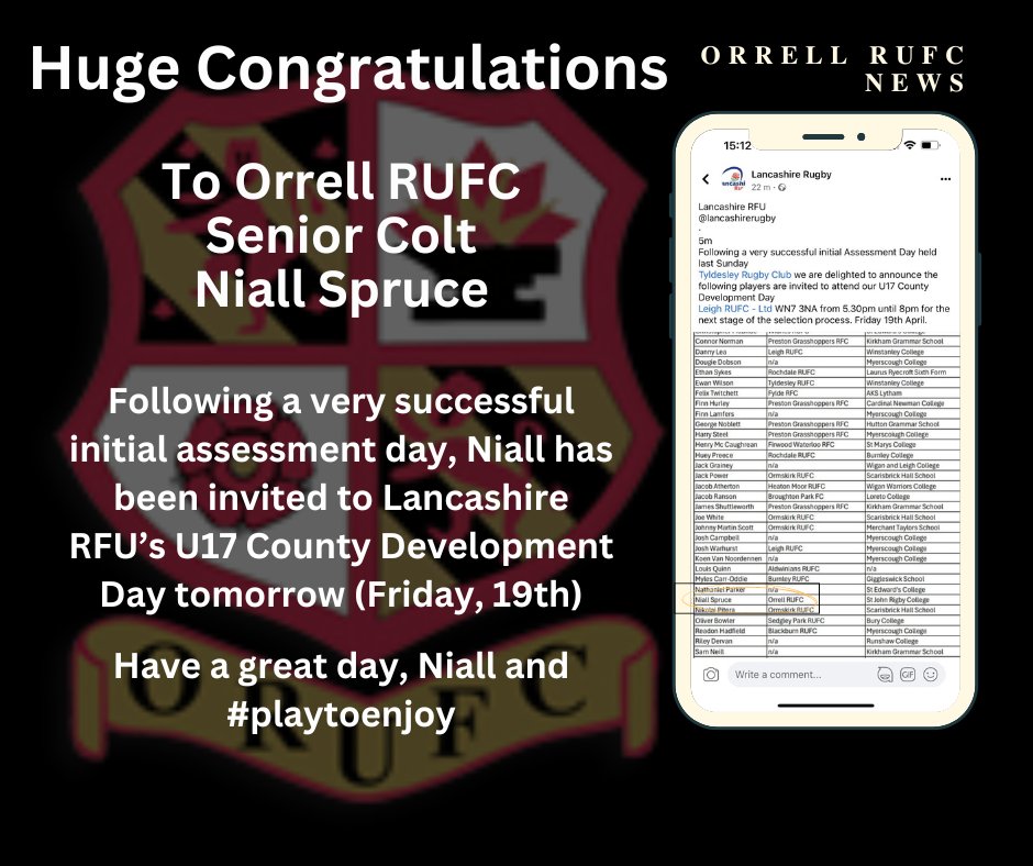 Orrell RUFC #proudclub News!
Congratulations Niall, we hope you have an even better day tomorrow.  #playtoenjoy #playwell