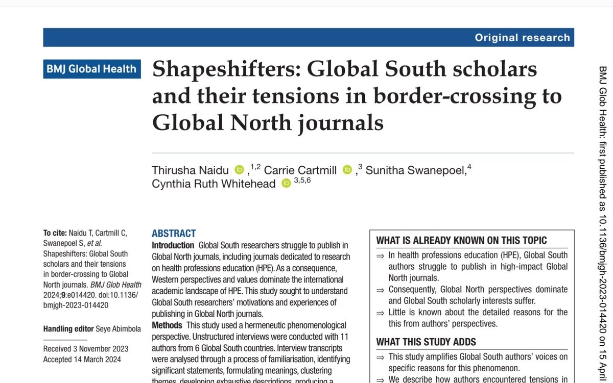Thirusha Naidu🇿🇦🇨🇦 (@naiduthirusha) on Twitter photo We are excited to have this paper in which we amplify Global South authors'voices on a global health platform. gh.bmj.com/content/9/4/e0…
@seyeambibola <a href="/cynthiarw29/">Cynthia R Whitehead (She/Her)</a> <a href="/_Sunitha_S/">Sunitha Swanepoel</a> <a href="/ArdiFindyartini/">Ardi Findyartini</a> <a href="/Dr_A_Rashid/">Ahmed Rashid</a> <a href="/_AGMHI/">Africa Global Mental Health Institute</a> We are excited to have this paper in which we amplify Global South authors'voices on a global health platform. gh.bmj.com/content/9/4/e0…
@seyeambibola <a href="/cynthiarw29/">Cynthia R Whitehead (She/Her)</a> <a href="/_Sunitha_S/">Sunitha Swanepoel</a> <a href="/ArdiFindyartini/">Ardi Findyartini</a> <a href="/Dr_A_Rashid/">Ahmed Rashid</a> <a href="/_AGMHI/">Africa Global Mental Health Institute</a>