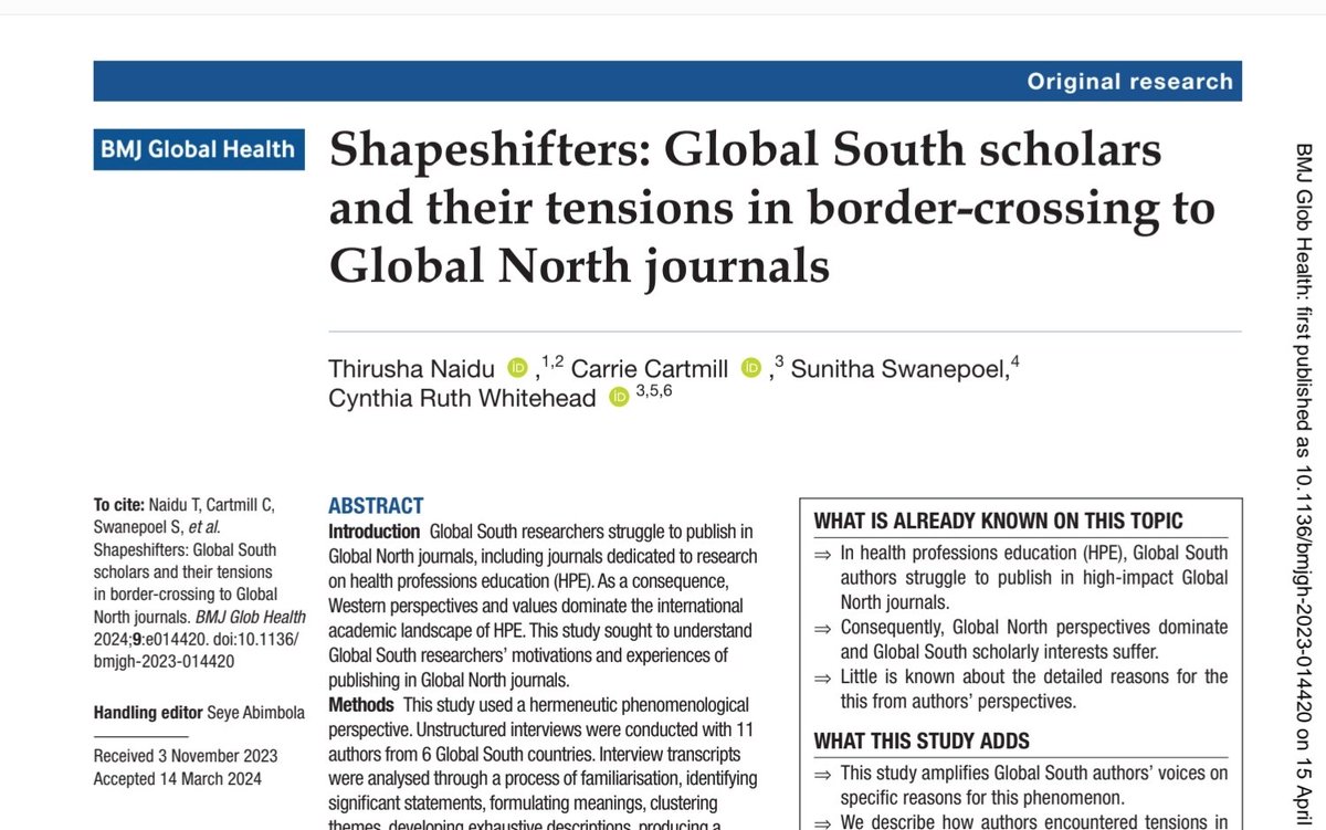 We are excited to have this paper in which we amplify Global South authors'voices on a global health platform. gh.bmj.com/content/9/4/e0… @seyeambibola @cynthiarw29 @_Sunitha_S @ArdiFindyartini @Dr_A_Rashid @_AGMHI