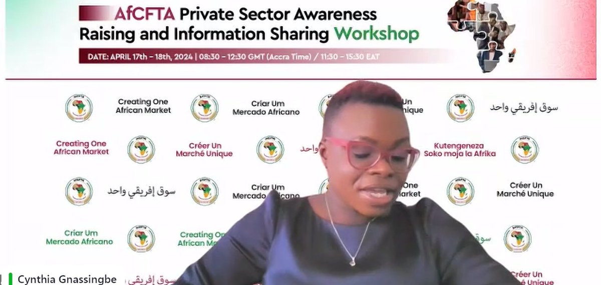 The webinar is live! #HappeningNow Ms. Cynthia Gnassingbe @CEGEofficiel , Senior Advisor on Private sector engagement opened the workshop by recapping the presentations made on Day 1. These tools presented are available on the AfCFTA website and accessible to all. She also