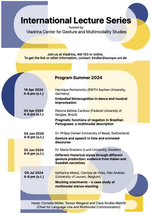 The Viadrina Center for Gesture and Multimodality Studies @viadrina invites you all to the Summer Edition of their International Lecture Series. Next talk on April 30th! Online attendance possible. 😃