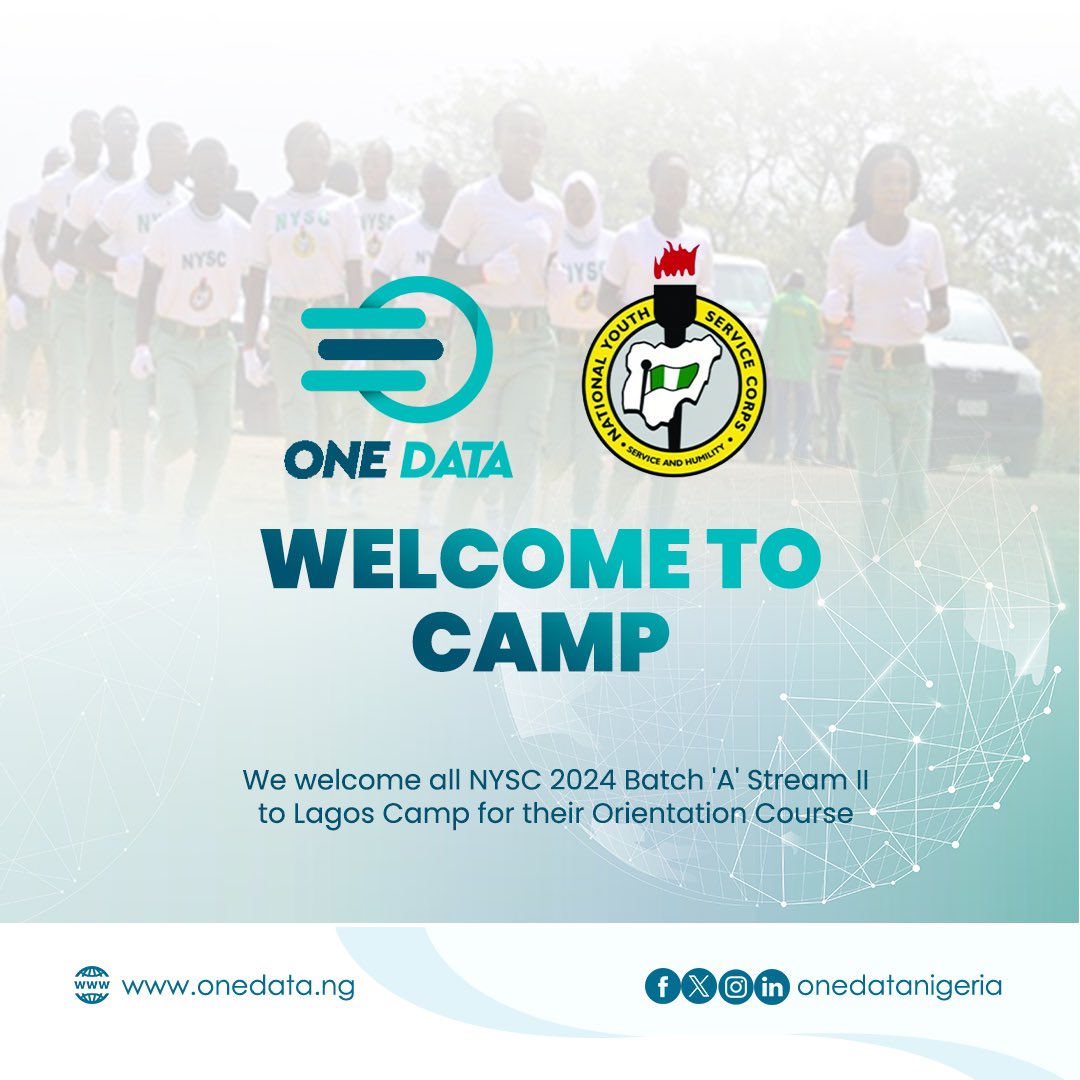 Welcome to Camp all our Lagos corp members! Get connected and stay updated with our fast and reliable fiber service as you embark on this new journey.

'Internet is better with OneData'

Visit onedata.ng or comment below for more information!

#OneDataNG
#speed
#NYSC