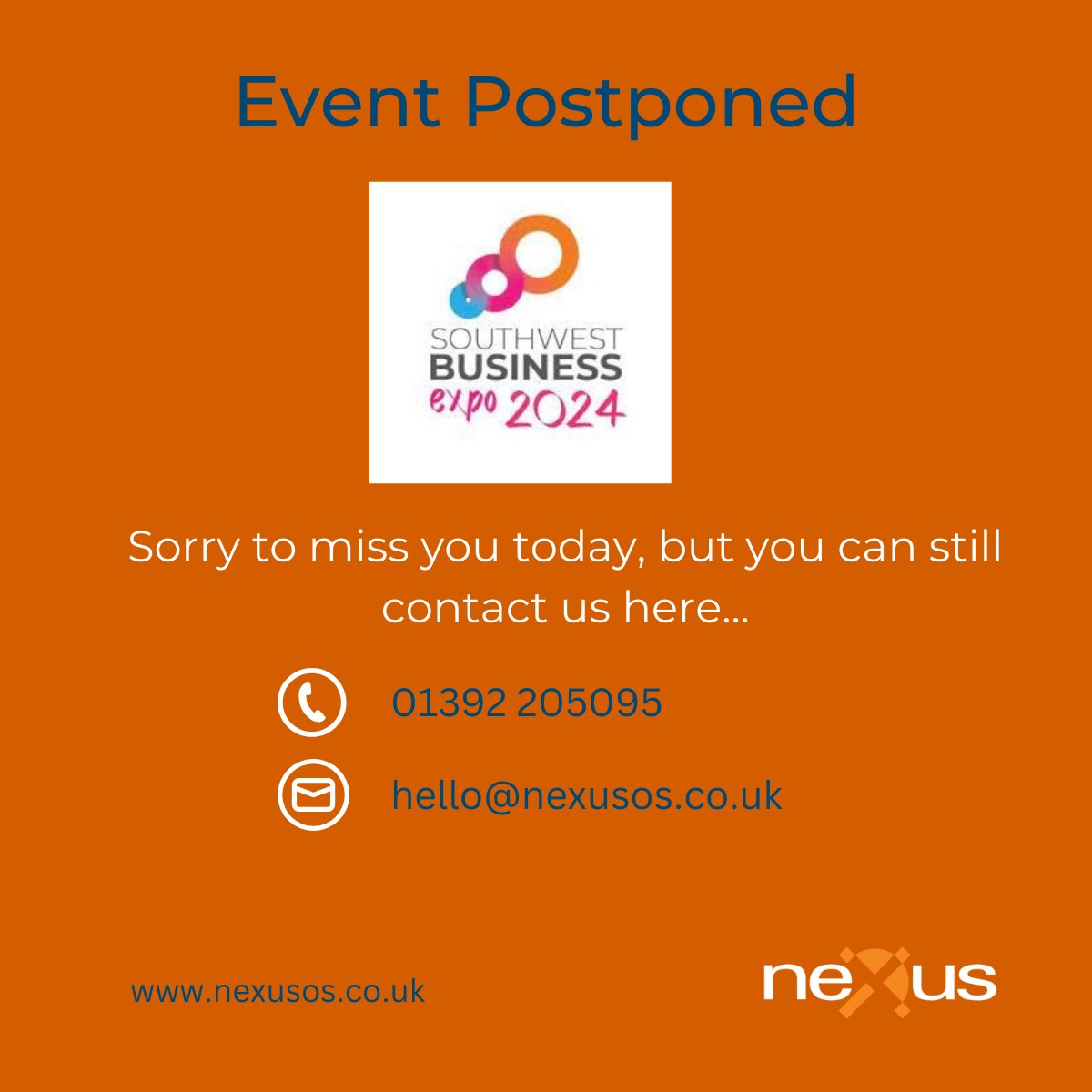 Due to the postponement of the @swbusinessexpo , we won't be able to meet you today. We look forward to the new date and can't wait to reconnect with you then! If you need to reach our team, get in touch: 📧 hello@nexusos.co.uk 📞 01392 205095 #ExeterEvents #ITSupport