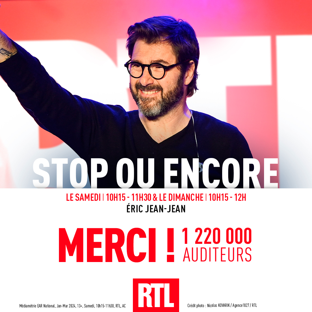 🎙🔴#AudiencesRadio MERCI ! 🎧 1,2 million d’auditeurs créent la programmation musicale de @RTLFrance dans Stop ou encore avec @eric_jeanjean tous les week-ends ! 📈 +241K auditeurs #Radio #Médiamétrie