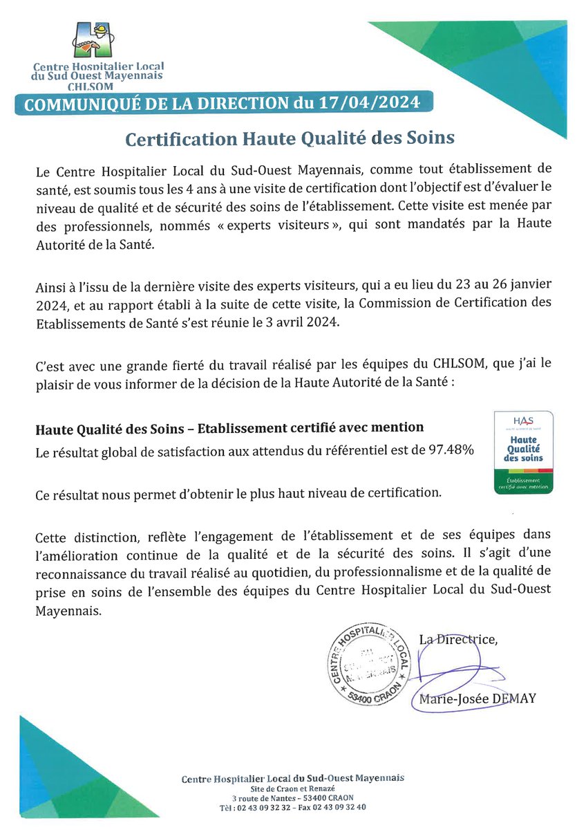 CHL_SOM's tweet photo. Le Centre Hospitalier Local du Sud Ouest Mayennais - CHLSOM est certifié avec mention - Haute Qualité des Soins.
Félicitations à toutes les équipes de l'établissement ! https://t.co/sSvgLHGIdE