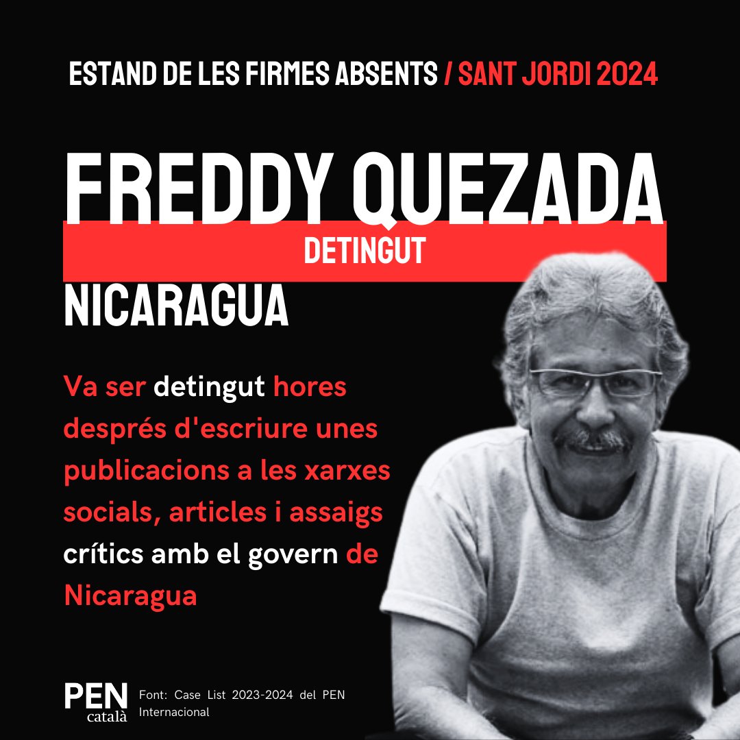 Freddy Quezada no firmarà aquest Sant Jordi perquè està detingut des del 2023 per les seves opinions i publicacions crítiques amb el govern nicaragüenc. #SantJordi2024 Firma tu per ell: pencatala.cat/noticia/estand…