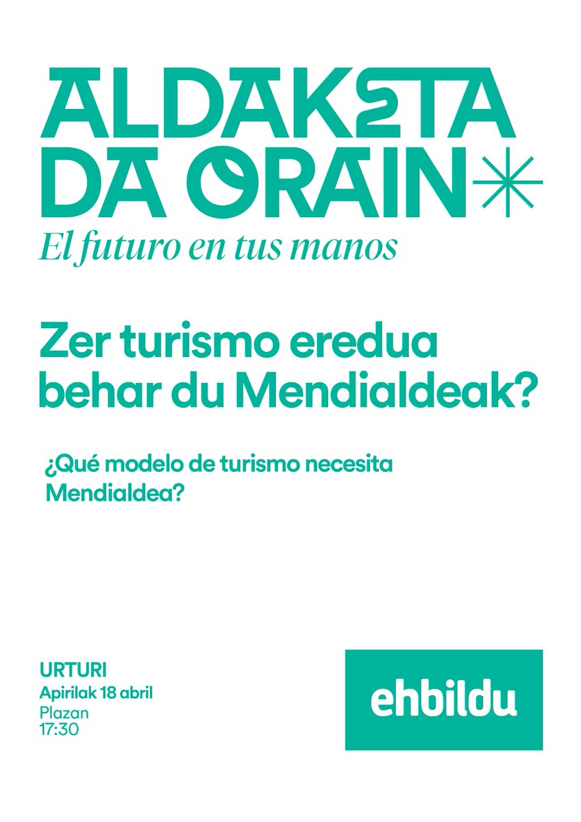 EHBilduLagran's tweet photo. Zer turismo eredua behar du #Mendialdea|k?
🗓️Gaur, apirilak 18
📍#Urturi|ko plazan
,🕛17:30etan
#AldaketaDaOrain
#ElFuturoEnTusManos
#BozkatuEHBildu https://t.co/QuTmjJCQgz