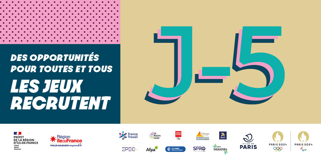 J-5 🏅: rendez-vous le 23 avril pour la 4e édition de l'événement Les Jeux Recrutent Des milliers d'offres d'#emploi à découvrir sur les villages métiers 📍Arena, Porte de la Chapelle 👉 plmpl.fr/c/HmLjT #JOP2024 @Paris2024
